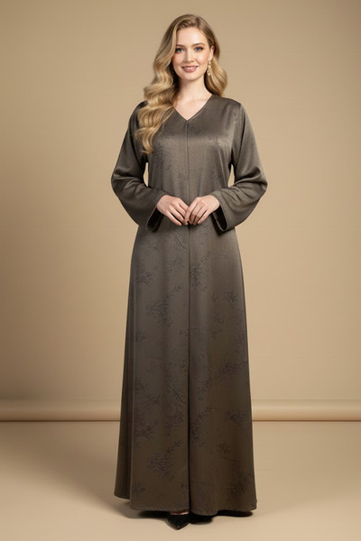 Muchmy عباية نسائية طويلة الأكمام، ماكسي محتشمة، بياقة على شكل حرف V، مصنوعة من قماش عالي الجودة، مزينة بنقوش زهرية بارزة، عباية عربية إسلامية