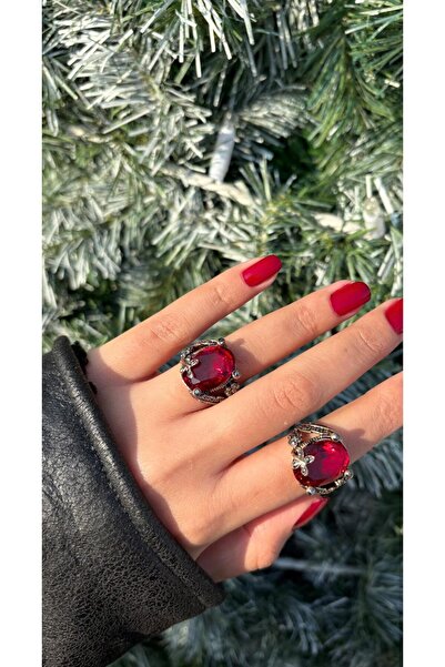 Ceso Accesories Kadın Bronz Otantik Kırmızı Büyük Taşlı Yüzük - Retro Tasarım