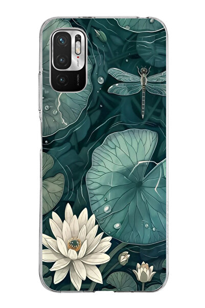 TechTree Redmi Note 10 5g Compatible Green Leafy Water Lily and Dragonfly Printed Silicone Case