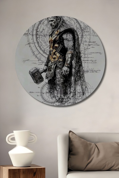 Teona Ahşap Tanrı Thor Kara Kalem Görünümlü Modern Sanat Ahşap Dekoratif Tabl...