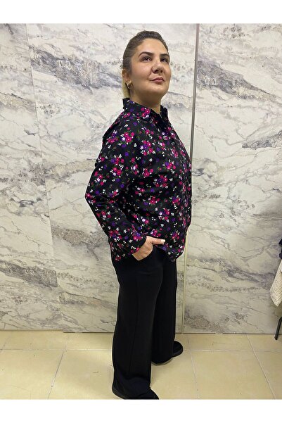 BE ATÖLYE BUTİK Kadın Siyah Çiçek Desenli Oversize Gömlek-Basma kumaş Standar...