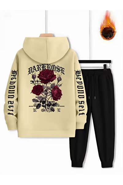 PENTHİLUS Unisex Gül Printed 3 Thread Ş Fleece-Lined K Hooded Tracksuit Set