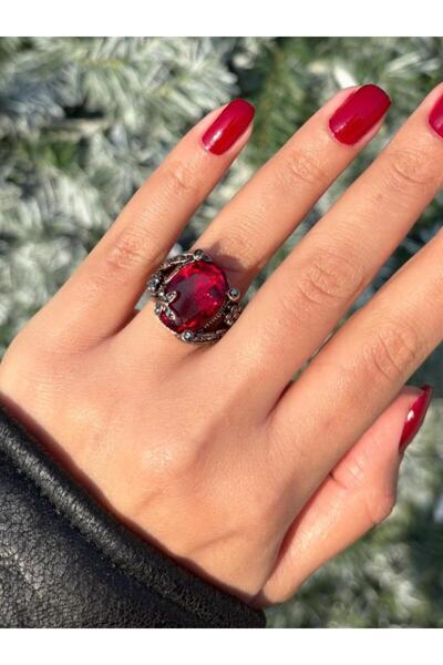 Ceso Accesories Kadın Bronz Otantik Kırmızı Büyük Taşlı Yüzük - Retro Tasarım