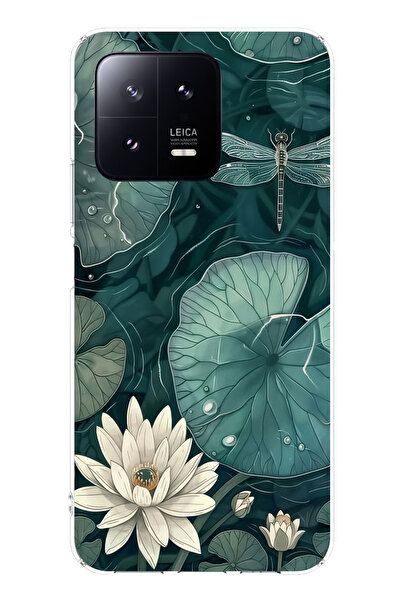 TechTree Xiaomi Mi 13 Compatible Green Leafy Water Lily and Dragonfly Printed Silicone Case