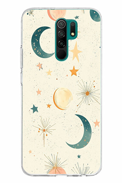 TechTree حافظة سيليكون متوافقة مع Redmi 9 ذات خلفية كريمية وقمر ونجمة مطبوع