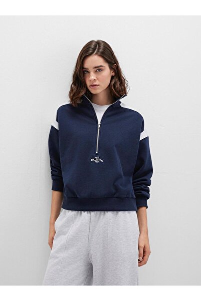 Mavi Navy Blue Women's Mock Neck Loose Fit Miflon Sweatshirt M1S10360-32184 Half Zipper Sweat