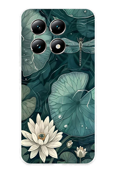 TechTree حافظة سيليكون متوافقة مع هاتف Xiaomi Mi 14T على شكل زهرة اللوتس واليراعات الخضراء مطبوع