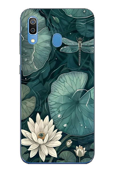 TechTree حافظة سيليكون متوافقة مع هاتف سامسونج جالاكسي A20-A30 باللون الأخضر على شكل زهرة اللوتس واليراعات مطبوع
