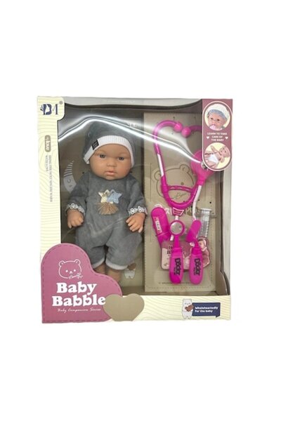 OEM Baby Doctor Doll, Gray Overalls, Plastic Toy with Included Accessories