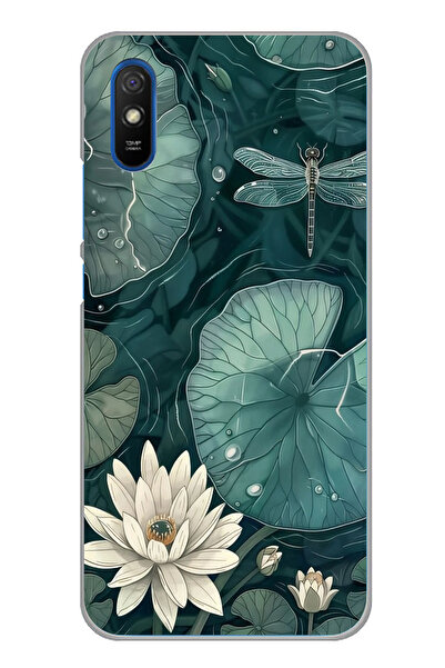 TechTree حافظة سيليكون متوافقة مع هاتف Redmi 9A على شكل زهرة اللوتس واليعسوب مطبوع