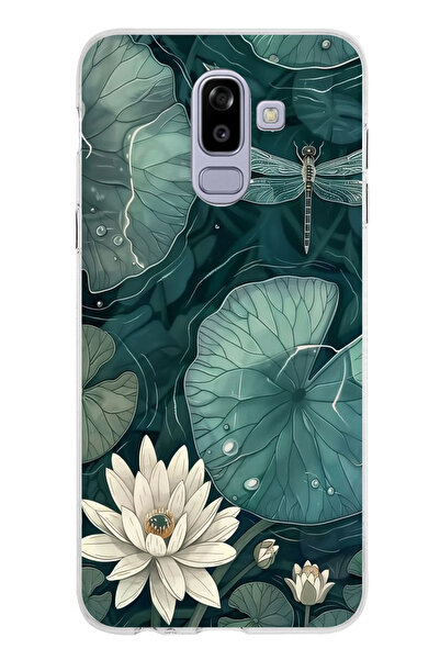 TechTree حافظة سيليكون متوافقة مع هاتف سامسونج جالاكسي J8-A6 بلس على شكل زهرة اللوتس والنيرس مطبوع