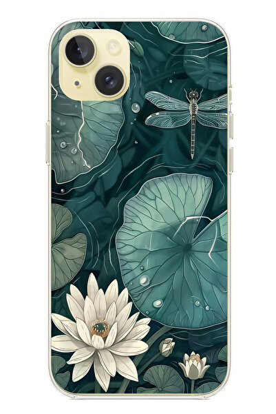 TechTree حافظة سيليكون متوافقة مع هاتف iPhone 15 PLUS على شكل زهرة اللوتس واليافوت مطبوع