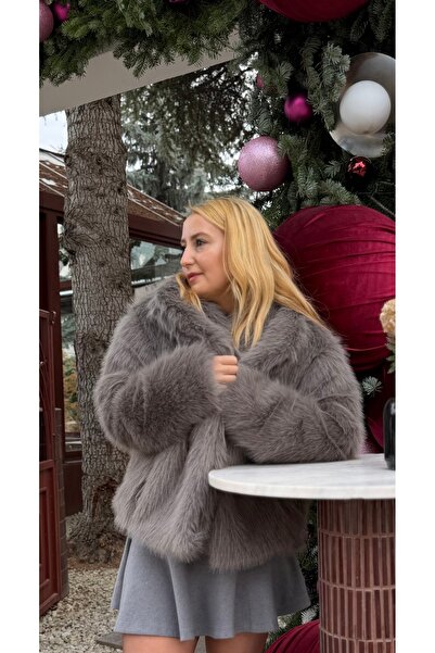 FATMA NUR ŞİRELİ BUTİK Antrasit Şal Yaka Kürk
