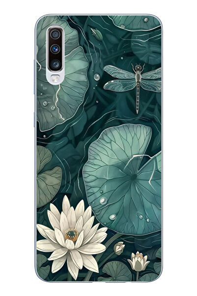 TechTree حافظة سيليكون متوافقة مع هاتف سامسونج جالاكسي A50-A30S باللون الأخضر على شكل زهرة اللوتس واليافوت مطبوع