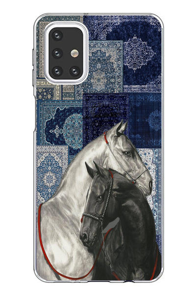 TechTree Samsung Galaxy M31S Compatible Blue Carpet Patterned Black and White Horse Printed Silicone Case