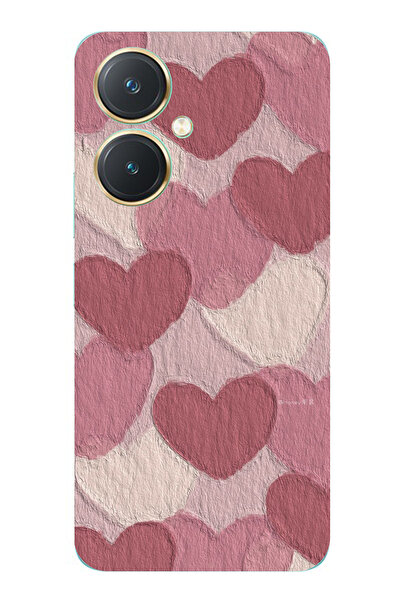 TechTree حافظة سيليكون متوافقة مع هاتف Vivo Y27 بلون وردي باستيل وقلب وردي مطبوع