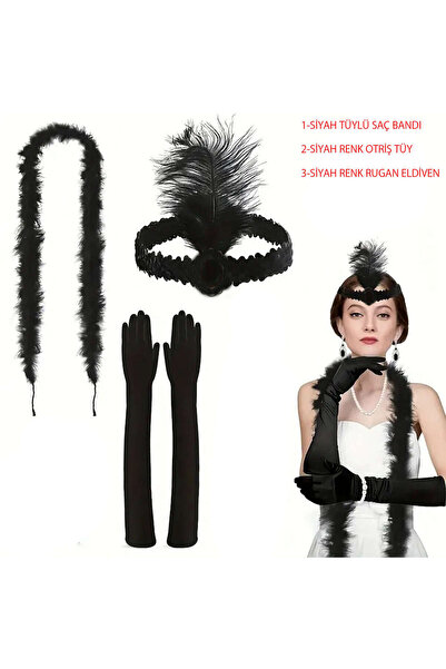 ZERO LAND Set Otriş în stilul anilor 1920, cu bandă neagră cu pene, mănuși negre din piele lacuită și negru (170611)