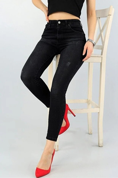 ArVib Kadın Siyah Antrasit Tırnaklı Eskitmeli Yüksel Bel Dar Paça Skinny Pamuk Likralı Kot Pantalon