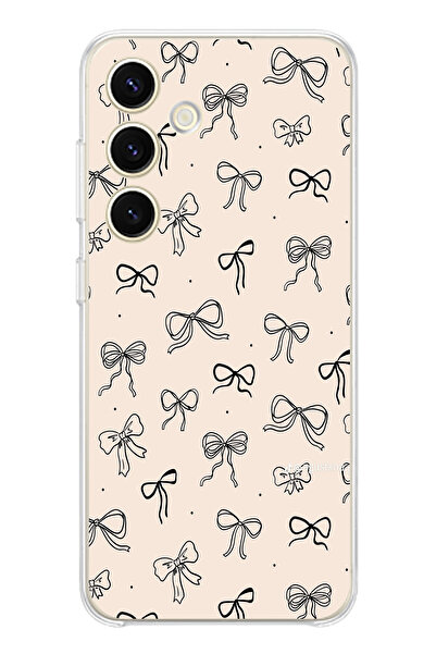 TechTree حافظة سيليكون متوافقة مع هاتف سامسونج جالاكسي S25 باللون الأسود ونمط فيونكة باللون الكريمي مطبوع