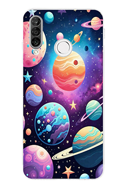 TechTree حافظة سيليكون مطبوع متوافقة مع هاتف هواوي P30 لايت بنمط الفضاء والكو...