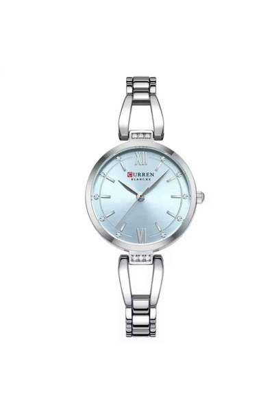 Curren Ceas de damă 9092 Quartz, cadran albastru, carcasă și brățară argintii, oțel inoxidabil, elegant, 30 mm