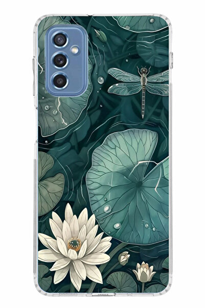 TechTree حافظة سيليكون متوافقة مع هاتف سامسونج جالاكسي M52 باللون الأخضر على شكل زهرة اللوتس واليراعات مطبوع