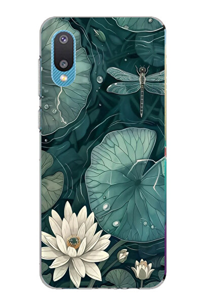 TechTree حافظة سيليكون متوافقة مع هاتف سامسونج جالاكسي A02 باللون الأخضر على شكل زهرة اللوتس واليافوت مطبوع