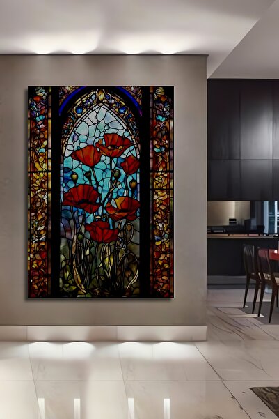 Teona Ahşap Kırmızı Gelincik Tarlası Mozaik Sanat Dekoratif Ahşap Ev,Antre,Sa...