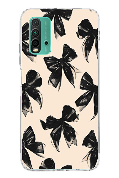 TechTree Redmi 9T-POCO M3 Uyumlu Siyah Fiyonk Kurdele Baskılı Silikon Kılıf