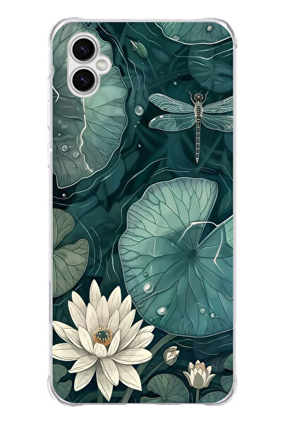 TechTree حافظة سيليكون متوافقة مع هاتف سامسونج جالاكسي A04 باللون الأخضر على شكل زهرة اللوتس واليراعات مطبوع