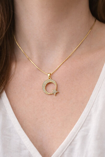 Gunessa Ay Yıldız Kolye Zirkon Taşlı Altın Renk Minimal Kadın Kolyesi