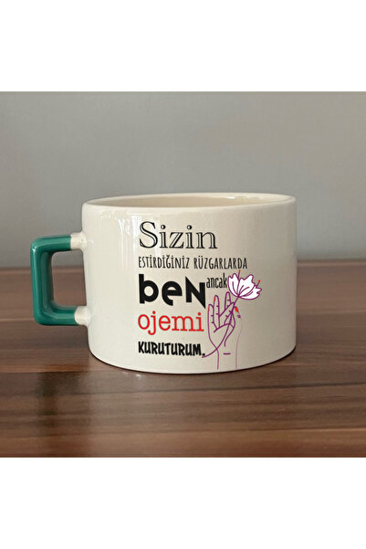 Kırtasiye Ofisi Green Handled Square Laf Pressing Gift Cup Mug Cup with the W...