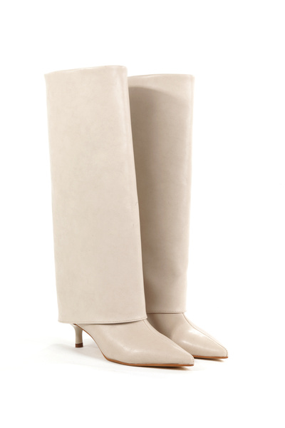 Ayakkabı Podyumum حذاء طويل من الجلد ذو كعب رفيع 5 سم للموسم الجديد