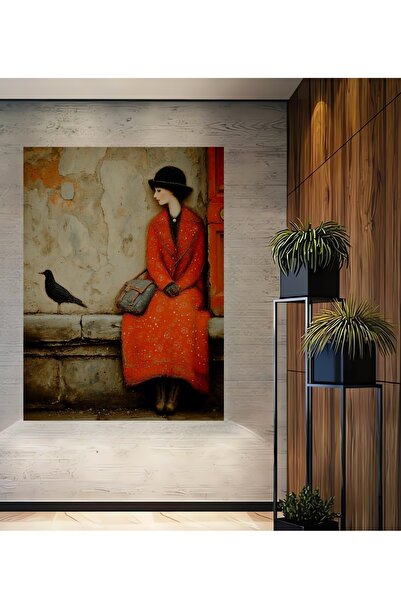 Teona Ahşap Bohem Karga ve Kadın Yağlı Boya Görünümlü Ahşap Dekoratif Ev,Antr...