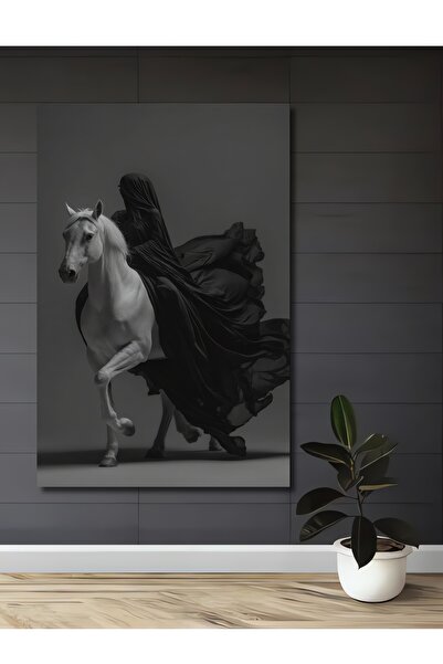 Teona Ahşap Gizemli At Sahibi Siyah Beyaz Yağlı Boya Görünümlü Ahşap Dekorati...
