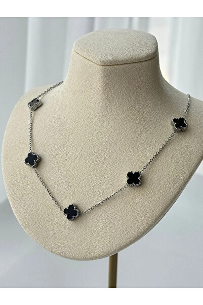 stainles steel Van Cleef Model Şık Siyah Yonca Detaylı Gümüş Renk Çelik Kolye