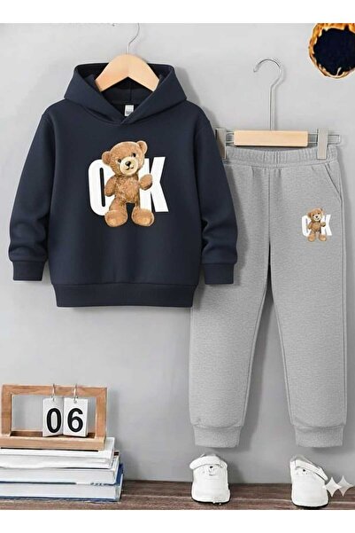 Nice Clothes طقم رياضي للأطفال بغطاء للرأس للجنسين (طباعة دببة متعددة) لون مزدوج