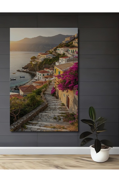 Teona Ahşap Akdeniz Kıyısı Gün Batımı Manzarası Gerçekçi Baskı Ahşap Ev,Antre...