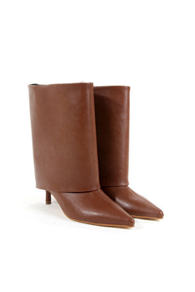 Ayakkabı Podyumum حذاء طويل مدبب بلون أسمر اللون بكعب رفيع 5 سم للموسم الجديد