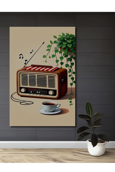 Teona Ahşap Retro Radyo ve Saksı Bitkisi Sulu Boya Görünümlü Ahşap Dekoratif ...