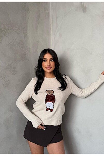 Lusin Women's Beige Teddy Bear Crew Neck Knit Sweater