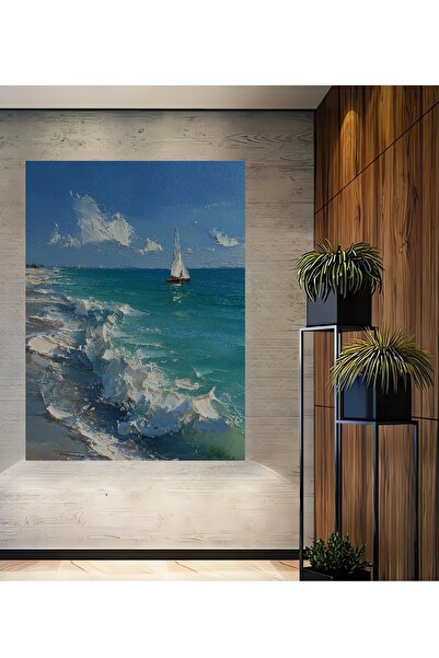 Teona Ahşap Tekne Temalı Sahil Manzarası Yağlı Boya Görünümlü Ahşap Dekoratif...