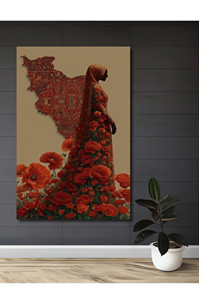 Teona Ahşap İran Haritası Desenli Kırmızı Gelincik Tarlası Yağlı Boya Görünüm...