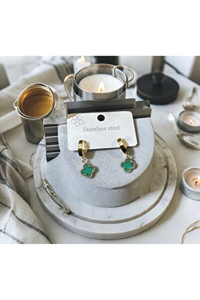 Şöhret takı&aksesuar GOLD yeşil yonca küpe paslanmaz Çelik 316L