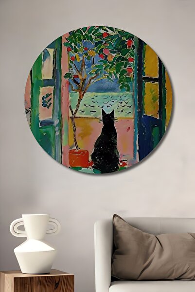 Teona Ahşap Bohem Siyah Kedi Manzaralı Yağlı Boya Görünümlü Ahşap Dekoratif T...