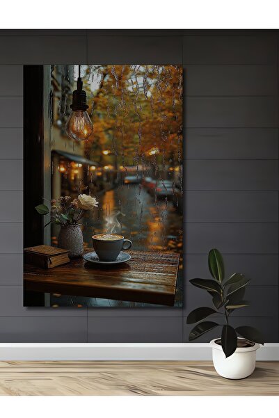 Teona Ahşap Yağlı Boya Görünümlü Sıcak Kahve ve Romantik Yağmur Manzaralı Ahş...