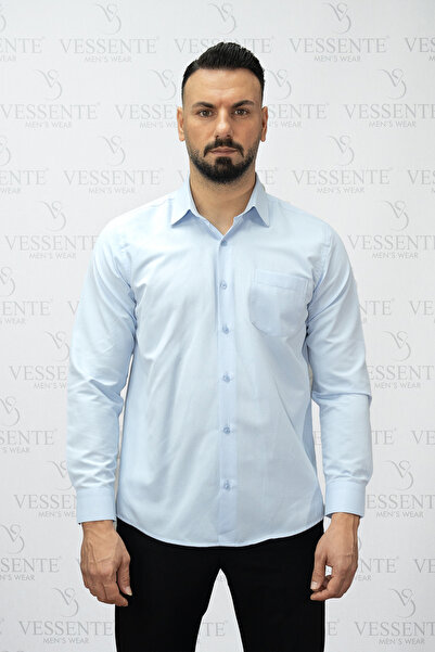 VESSENTE قميص رجالي أزرق من قماش الدوربل بأكمام طويلة وجيوب عادية، مصنوع من ا...