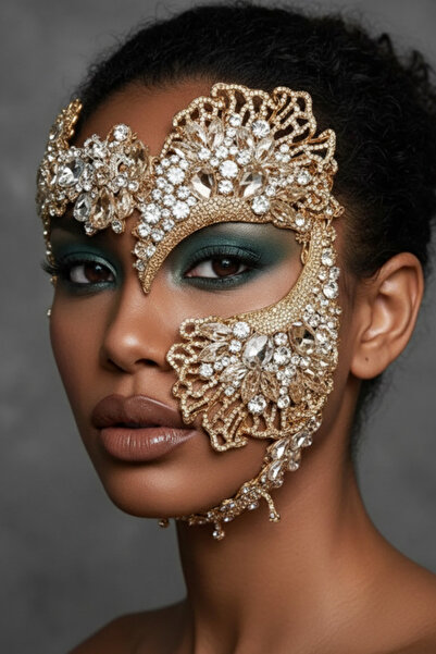 shop Altın Renk Kristal Taşlı Venedik Maskesi - Sanatsal Yüz Aksesuarı - Gala...