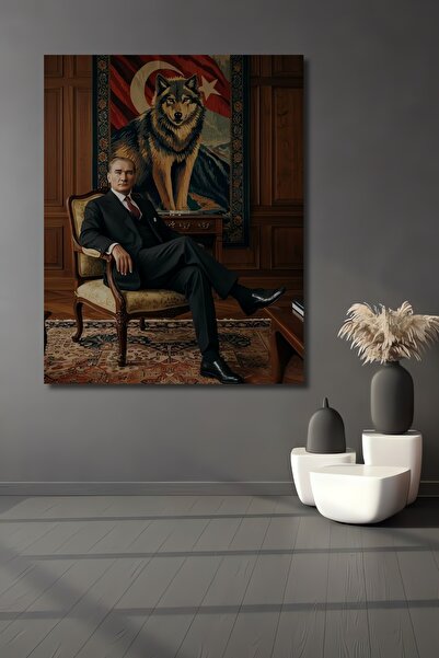 Teona Ahşap Mustafa Kemal Atatürk Kurt Figürlü Yağlı Boya Görünümlü Ahşap Dek...