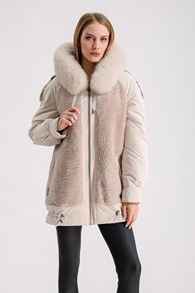 Leather Club Bej Hakiki Deri Garnili Yün Puffer Mont